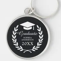 Elegant Black Personalized Name Graduation Emblem Keychain