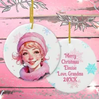 Old-Fashioned Christmas Woman in Pink  Ceramic Ornament