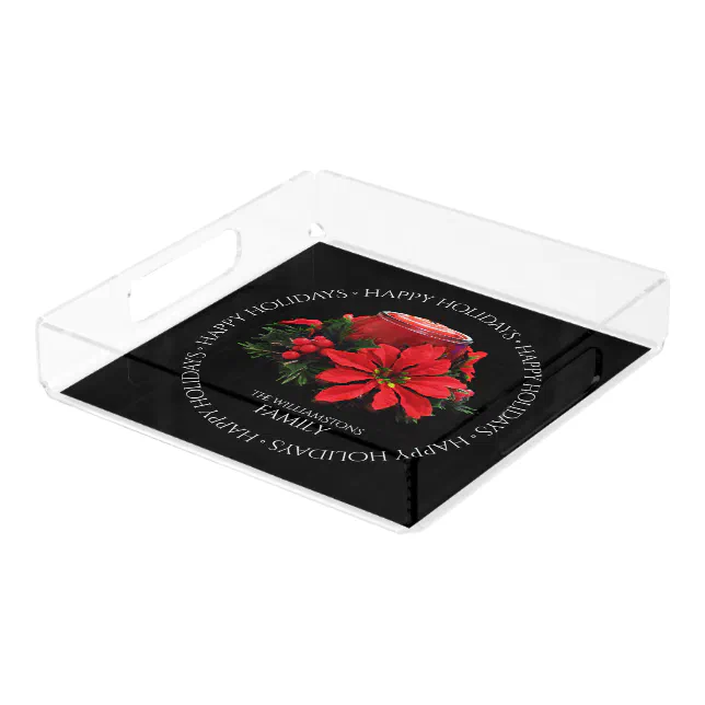 Festive Red Christmas Candle Holly Poinsettias Acrylic Tray