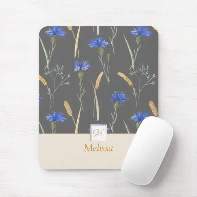 Grey Floral Wildflower Monogram Mouse Pad