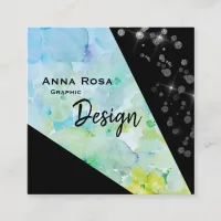 *~* Abstract Black Modern Glitter Geometric Floral Square Business Card
