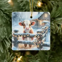 Cute Festive Cow Christmas Personalized Ceramic Ornament