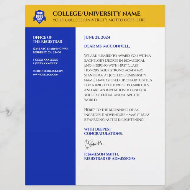 Blue Gold School College University Letterhead