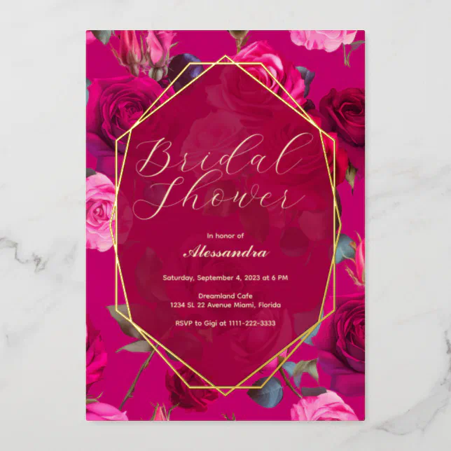 Pink Roses on Viva Magenta | Bridal Shower Foil Invitation