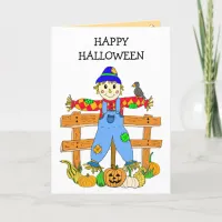 Happy Halloween Whimsical Scarecrow and Pumpkins Card