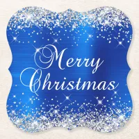 Silver Glitter Blue Foil Merry Christmas Paper Coaster