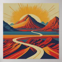 Retro Mountain Landscape Illustration Modern Red Poster