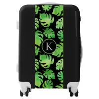 Bold Tropical Green Watercolor Leaves Monogram Luggage