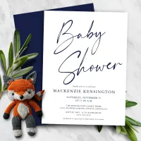 Budget Navy Blue Script Boy Baby Shower Invitation