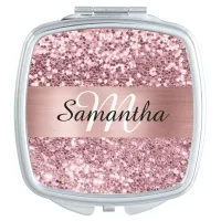 Pink Glitter Rose Gold Shimmer Foil Monogram Compact Mirror