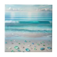 Pretty Blue Ocean Waves and Sea Glass  Ceramic Tile