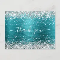 Silver Glitter Dark Turquoise Birthday Thank You Postcard