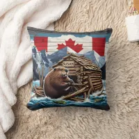 Canadian Beaver With Flag and Lodge in Nature Throw Pillow