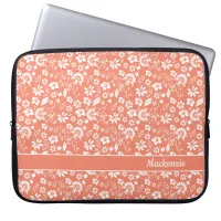 Girly Coral Peach Tropical Flowers Monogram Laptop Sleeve