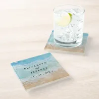 Rustic Watercolor Summer Sea Beach Wedding  Glass Coaster