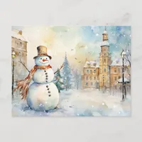 Cheerful Whimsical Snowman in a Snowy Village Postcard