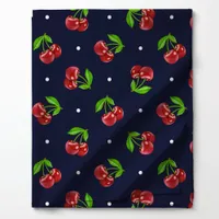 Polka Dot Cherries on Dark Navy Fabric