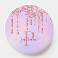 Pastel Purple Pink Glitter Drips Elegant Monogram PopSocket