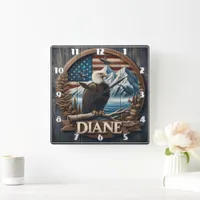 Eagle With Mountains & Flag Square Wall Clock