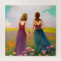 Beautiful Lesbian Couple in Field of Flowers Jigsaw Puzzle