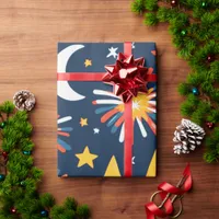 Fireworks and Stars and Moon on Black Wrapping Paper