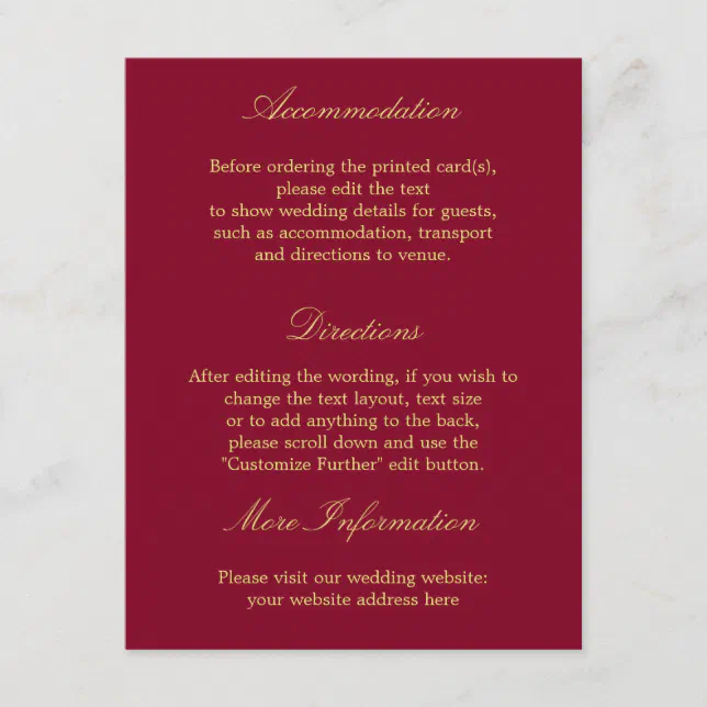 Burgundy Golden Beige Wedding Details Card