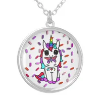 Unicorn with Butterfly on Nose Candy Sprinkles Silver Plated Necklace