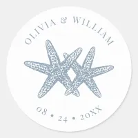 Starfish Beach Wedding Coastal Dusty Blue  Classic Round Sticker