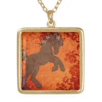 Majestic Horse in Asian Floral Tapestry Gold Plated Necklace