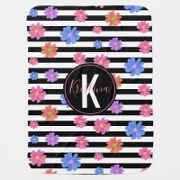 Trendy Floral Black & White Stripes Personalized Baby Blanket