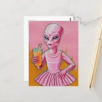 Alien Lady in Pink With Orange Juice Postcard