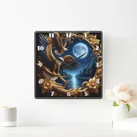 Eagles Perched In Moonlit Forest Square Wall Clock