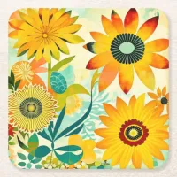 Pretty Folk Art Yellow Flowers   Square Paper Coaster