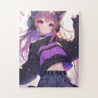 Pretty Anime Girl in Headphones with Cat Ears Jigsaw Puzzle