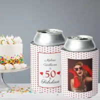 50 & Fabulous Birthday Photo 50th Party White Red Can Cooler
