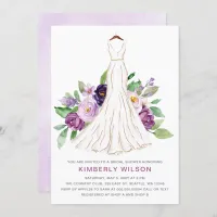 Purple Floral Wedding Dress Bridal Shower Invitation