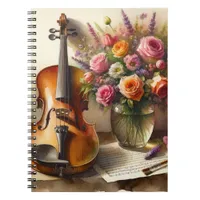 Violin, Sheet Music and a Vase of Flowers Notebook