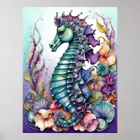 Purple and Teal Seahorse with Flowers Poster