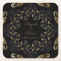 Fancy Chic Black And Gold Baroque Frame Wedding Square Paper Coaster