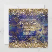 Faux Sparkly Gold Glitter Indigo Marble Monogram Invitation