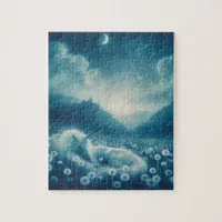 Cyanotype Sleeping Unicorn Dandelion Dreams Jigsaw Puzzle