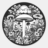 Black and White Flowers and Mushrooms Vintage Classic Round Sticker