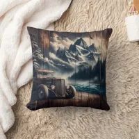 Vintage Cars by a Mountain River Landscape Throw Pillow