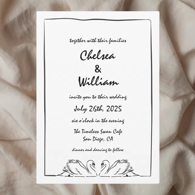 Simple Timeless Handwritten Swan Drawing Wedding Invitation