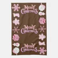 Pink Merry Christmas + Icons on Brown | Kitchen Towel