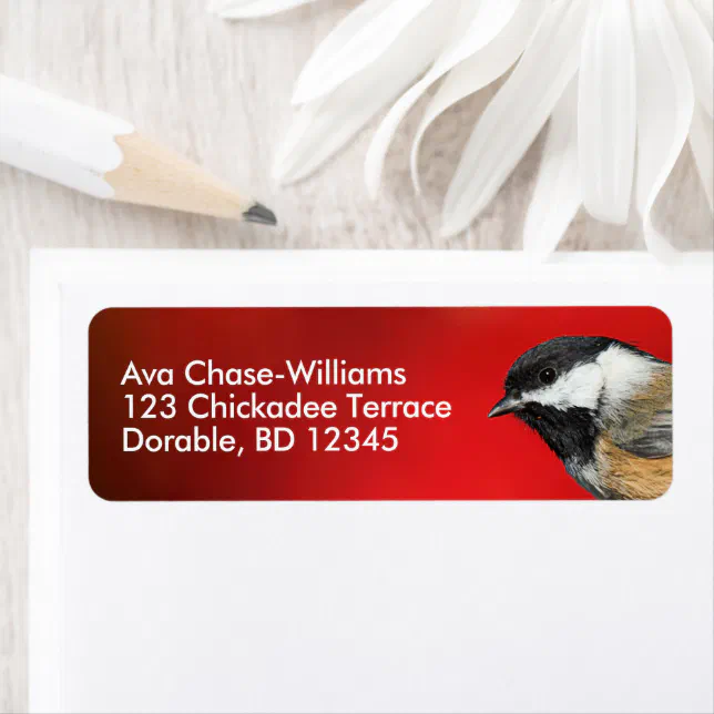 Cute Black-Capped Chickadee with Red Autumn Leaves Label