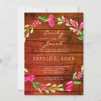 Pink Floral Red Brown Rustic Wood Country Wedding Announcement