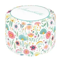 Whimsical Flower Garden on White Pouf