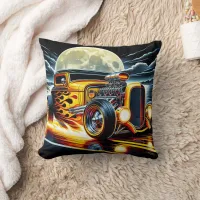 Vintage hot rod racing under a full moon glow throw pillow