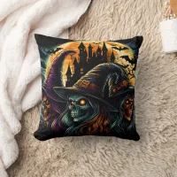 Three witches gather under a glowing full moon throw pillow